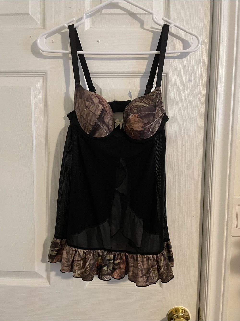 Camouflage Ruffled Trim Black Bustier Babydoll Nightgown Top Size S